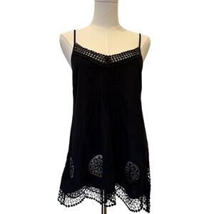 Acemi Crochet-Trim Camisole Top | Black | 100% Cotton | Spaghetti Straps | Small